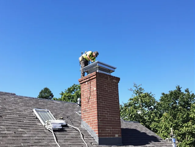 Ridgefield Chimney Sweep technician measuring a chimney cap in Ridgefield, CT