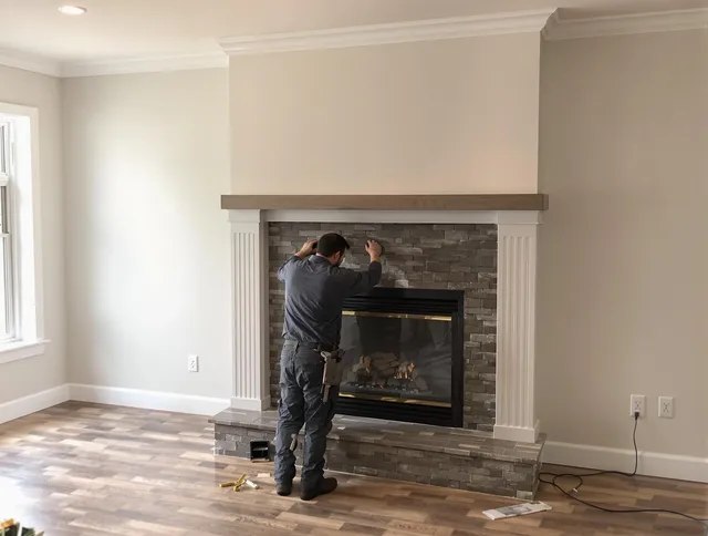 Ridgefield Chimney Sweep finishing a custom fireplace install in Ridgefield, CT